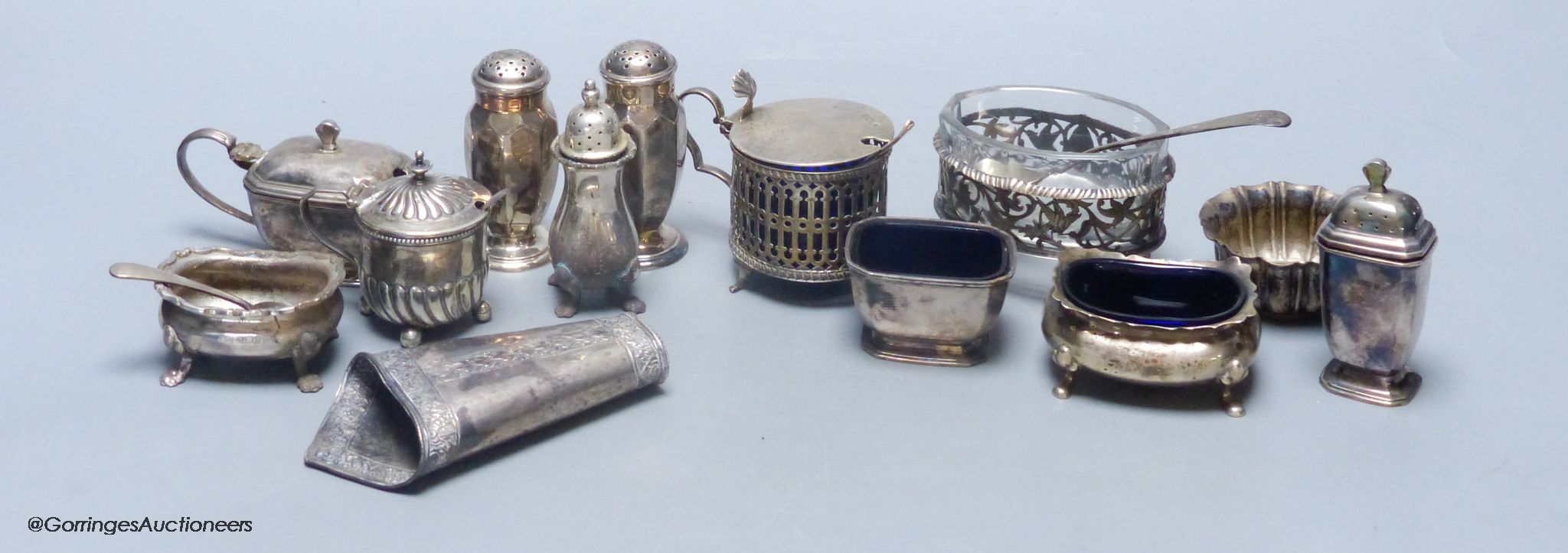 A collection of silver condiments and other items, 17.3oz (hallmarked)